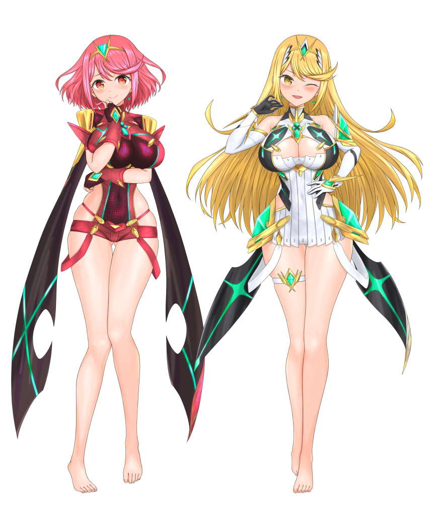 2girls absurdres bare_shoulders barefoot black_gloves blonde_hair breasts chest_jewel cleavage cleavage_cutout clothing_cutout dress earrings elbow_gloves feichu_keju fingerless_gloves gloves highres jewelry large_breasts long_hair multiple_girls mythra_(xenoblade) pyra_(xenoblade) red_eyes red_hair red_shorts short_dress short_hair short_shorts shorts swept_bangs thighhighs tiara very_long_hair white_dress white_gloves xenoblade_chronicles_(series) xenoblade_chronicles_2 yellow_eyes