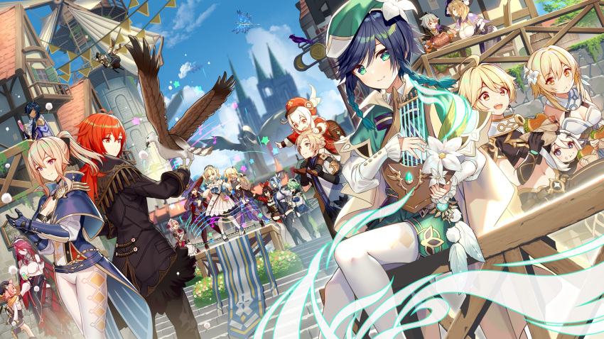 6+boys 6+girls aether_(genshin_impact) ahoge akusema albedo_(genshin_impact) amber_(genshin_impact) animal_ear_fluff animal_ears antenna_hair armor armored_dress arms_under_breasts asymmetrical_legwear back-to-back bad_id bad_twitter_id barbara_(genshin_impact) bare_shoulders barrel belt bennett_(genshin_impact) bent_over bird black_coat black_gloves black_ribbon blonde_hair blue_hair blue_sky blurry blurry_background boned_meat boots braid breasts brother_and_sister brown_footwear brown_hair brown_shorts building burger cabbie_hat capelet carrying cat_ears cat_tail chair church closed_eyes cloud coat commentary crossed_bangs cup dandelion dark-skinned_male dark_skin day detached_collar diluc_(genshin_impact) diona_(genshin_impact) dragon dress dvalin_(genshin_impact) earrings eating entangled eula_(genshin_impact) eyepatch fischl_(genshin_impact) fishnet_pantyhose fishnets flower food food_on_face frilled_sleeves frills garter_straps genshin_impact glasses gloves goggles goggles_around_neck goggles_on_head gradient_hair green_eyes green_hair grey_hair habit hair_flower hair_ornament hair_ribbon hairband hand_on_own_hip hat high_ponytail highres holding holding_cup jean_(genshin_impact) jewelry kaeya_(genshin_impact) klee_(genshin_impact) ladder large_breasts legs_apart legs_together light_brown_hair light_smile lisa_(genshin_impact) long_hair long_sleeves looking_at_viewer low_ponytail lumine_(genshin_impact) lyre meat mismatched_legwear mona_(genshin_impact) mondstadt_city multicolored_hair multiple_boys multiple_girls musical_note navel noelle_(genshin_impact) nun open_mouth outdoors paimon_(genshin_impact) pants pantyhose pink_hair pointy_ears profile razor_(genshin_impact) red_eyes red_flower red_headwear red_ribbon red_rose ribbon rosaria_(genshin_impact) rose semi-rimless_eyewear short_hair_with_long_locks short_shorts shorts shoulder_carry siblings single_earring sitting sky standing standing_on_one_leg star_(symbol) sucrose_(genshin_impact) swept_bangs tail teeth thigh_boots thigh_strap thighhighs twin_braids two_side_up upper_teeth_only venti_(genshin_impact) white_dress white_flower white_pants white_pantyhose windmill wiping_mouth witch_hat yellow_eyes