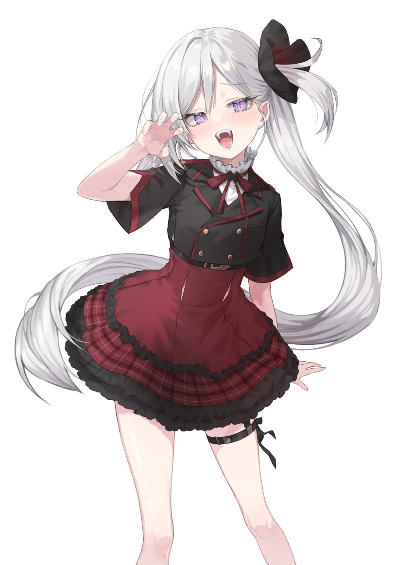 absurdres belt blue_archive blush chungu commentary_request female hair_ornament highres long_hair looking_at_viewer mutsuki_(blue_archive) open_mouth pose purple_eyes school_uniform side_ponytail simple_background solo teeth white_background white_hair