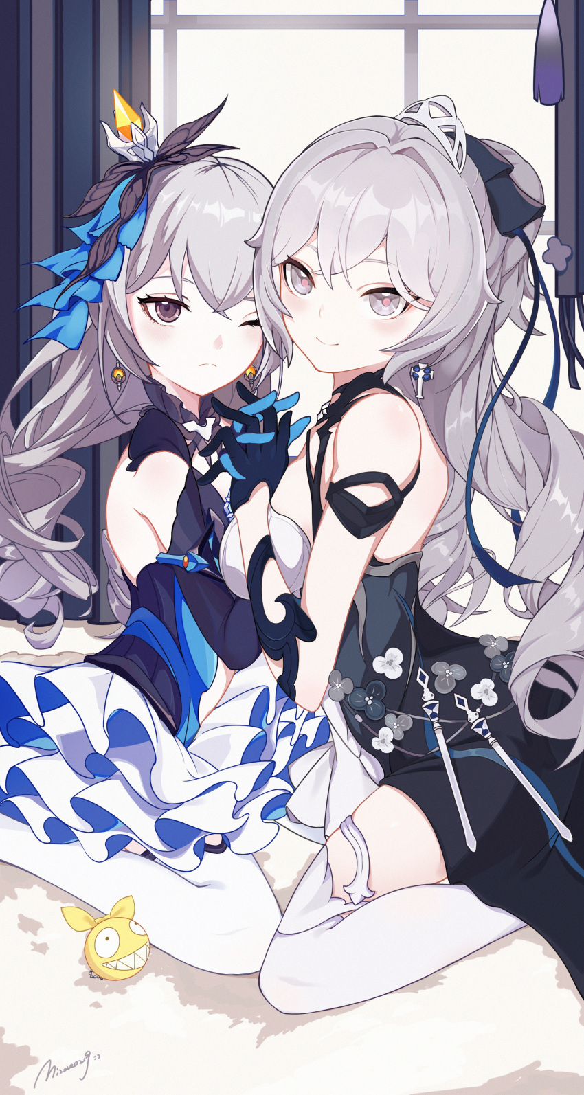 2girls absurdres bare_shoulders black_gloves bronya_zaychik bronya_zaychik_(herrscher_of_reason) bronya_zaychik_(silverwing:_n-ex) closed_mouth commentary_request curtains drill_hair dual_persona earrings elbow_gloves gloves grey_eyes grey_hair hair_ornament highres homu_(honkai_impact) honkai_(series) honkai_impact_3rd jewelry looking_at_viewer multiple_girls one_eye_closed p1up1u seiza single_thighhigh sitting smile thighhighs time_paradox twin_drills white_thighhighs window