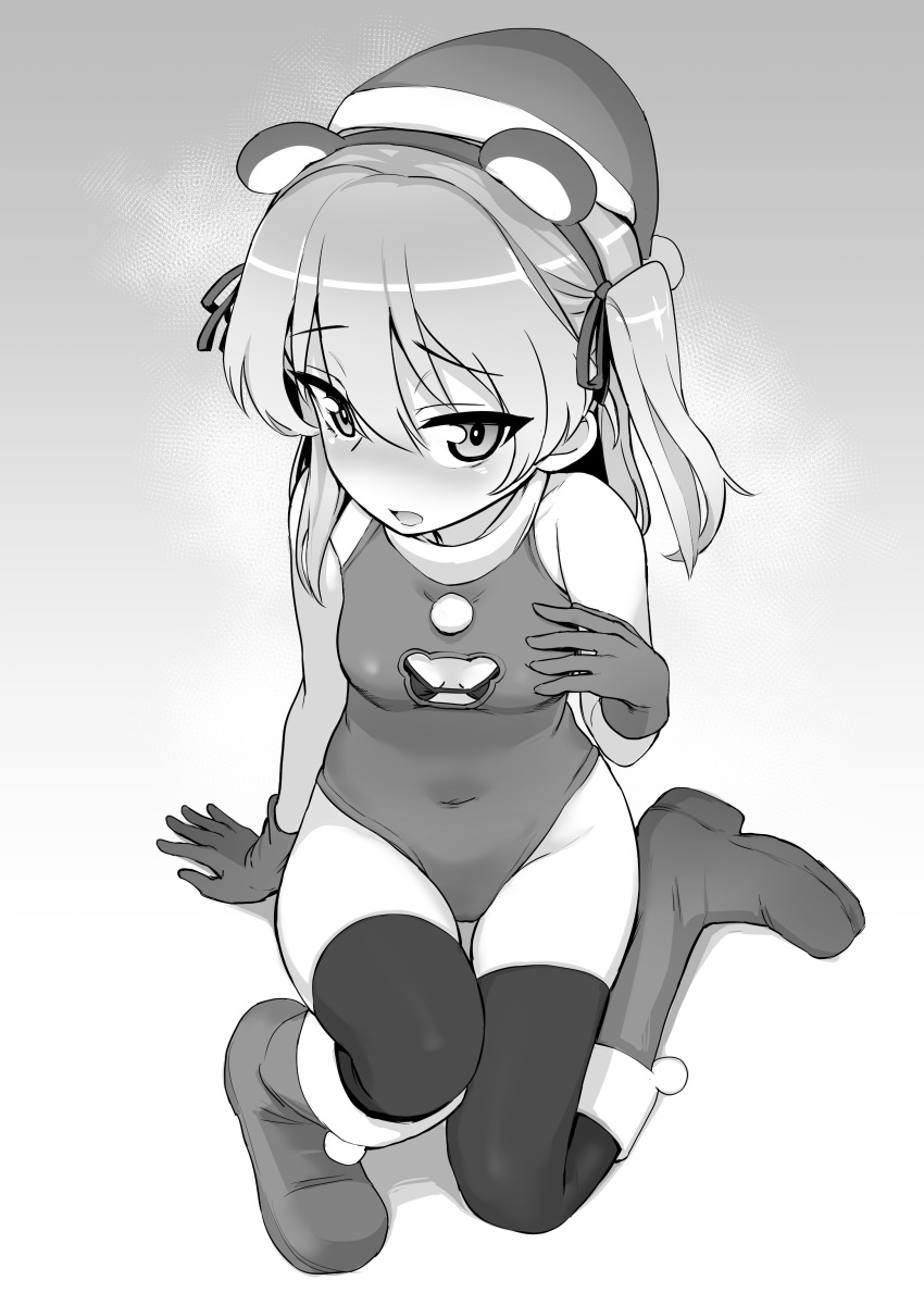 absurdres animal_ears aomushi_(mushamusha) bear_cutout bear_ears blush boots bra breasts cleavage_cutout clothing_cutout commentary covered_navel fake_animal_ears female full_body girls_und_panzer gloves gradient_background greyscale hair_ribbon hand_on_own_chest highres leotard long_hair looking_at_viewer monochrome one_side_up open_mouth ribbon santa_costume shimada_arisu sitting sleeveless small_breasts solo thigh_gap thighhighs underwear wariza