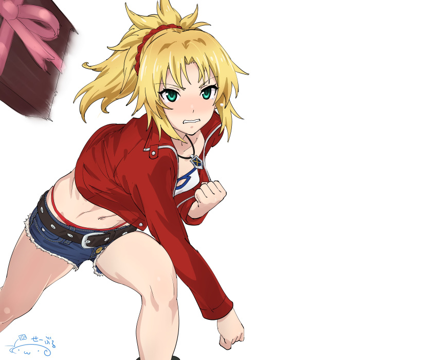 blonde_hair fate/grand_order fate_(series) green_eyes mordred navel necklace ponytail shorts signed suna tears valentine white