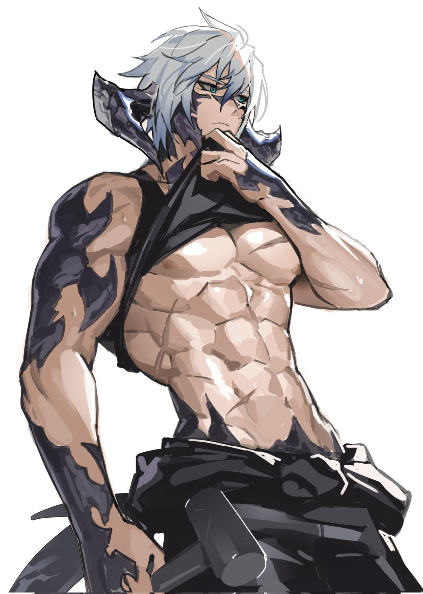 1boy abs aqua_eyes arm_at_side au_ra bare_arms black_pants black_tank_top clothes_around_waist clothes_lift commentary_request corrupted_twitter_file cowboy_shot dragon_boy dragon_horns dragon_tail expressionless final_fantasy final_fantasy_xiv from_below grey_hair hair_between_eyes hammer hand_up highres holding holding_hammer horns korean_commentary lifting_own_clothes looking_away looking_to_the_side male_focus midriff muscular muscular_male navel pants pectorals scales scar scar_on_chest shirt_lift short_hair simple_background solo standing sweat tail tank_top underpec warrior_of_light_(ff14) white_background zerg_(z79438659)