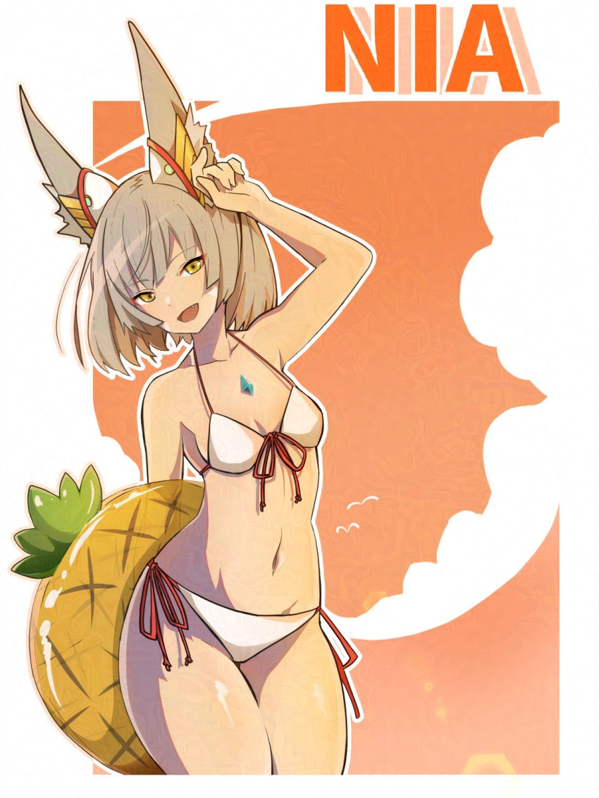 animal_ear_fluff animal_ears arm_up bare_shoulders bikini breasts character_name collarbone cowboy_shot female grey_hair highena highres looking_at_viewer navel nia_(blade)_(xenoblade) nia_(xenoblade) oerba_yun_fang open_mouth side-tie_bikini_bottom small_breasts smile solo swimsuit thick_thighs thighs xenoblade_chronicles_(series) xenoblade_chronicles_3 yellow_eyes