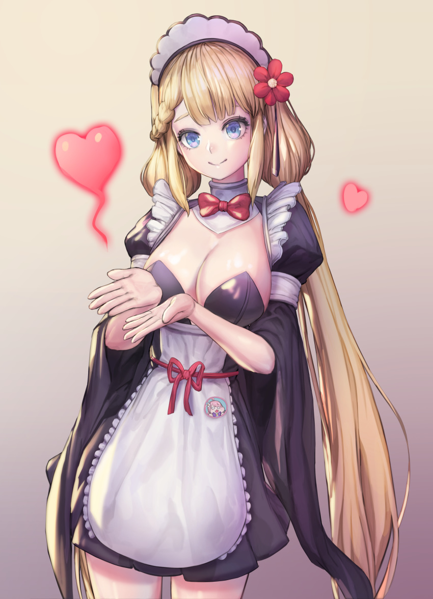 absurdres alternate_costume bad_id bad_pixiv_id blonde_hair blue_eyes breasts cleavage commentary_request dress enmaided female go-jang heart highres korean_commentary last_origin long_hair looking_at_viewer maid maid_headdress momo_(last_origin) smile solo twintails undine_(last_origin)