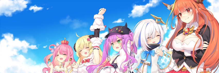 5girls ^_^ amane_kanata amane_kanata_(1st_costume) angel arched_crown armband bare_shoulders bibi_(tokoyami_towa) blue_sky blush bow breasts brooch candy_hair_ornament chiyonekoko cleavage closed_eyes closed_mouth commentary_request crossed_arms dragon_girl dragon_horns everyone facing_another food food-themed_hair_ornament hair_ornament halo highres himemori_luna himemori_luna_(1st_costume) holding holding_food holding_own_hair holoforce hololive horn_bow horn_ornament horns jewelry kiryu_coco kiryu_coco_(1st_costume) long_hair multiple_girls princess red_crown sheep_girl sheep_horns sky smile star_halo takoyaki tokoyami_towa tokoyami_towa_(1st_costume) tsunomaki_watame tsunomaki_watame_(1st_costume) upper_body virtual_youtuber