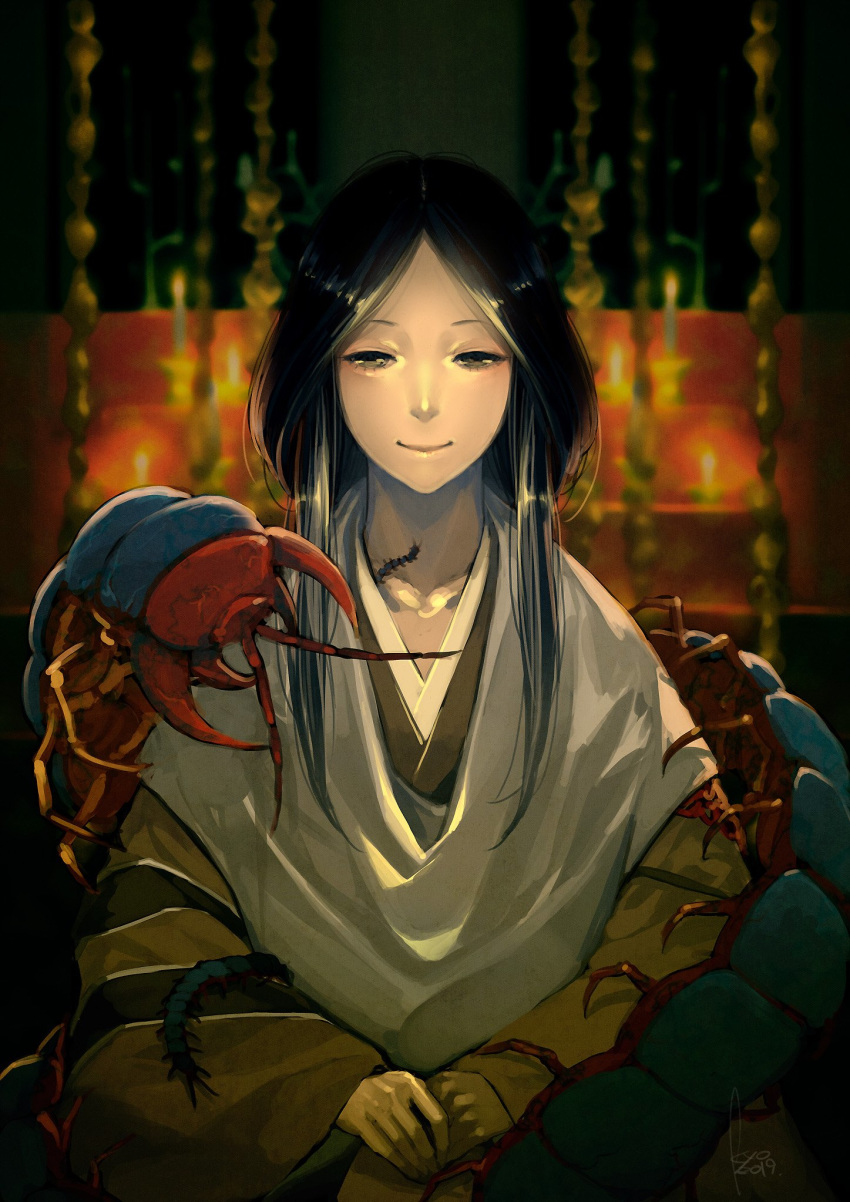 animal bug centipede closed_eyes closed_mouth collarbone divine_child_of_rejuvenation female highres indoors japanese_clothes kimono kyo_(kuroichigo) long_hair miko oversized_animal sekiro:_shadows_die_twice shrine smile