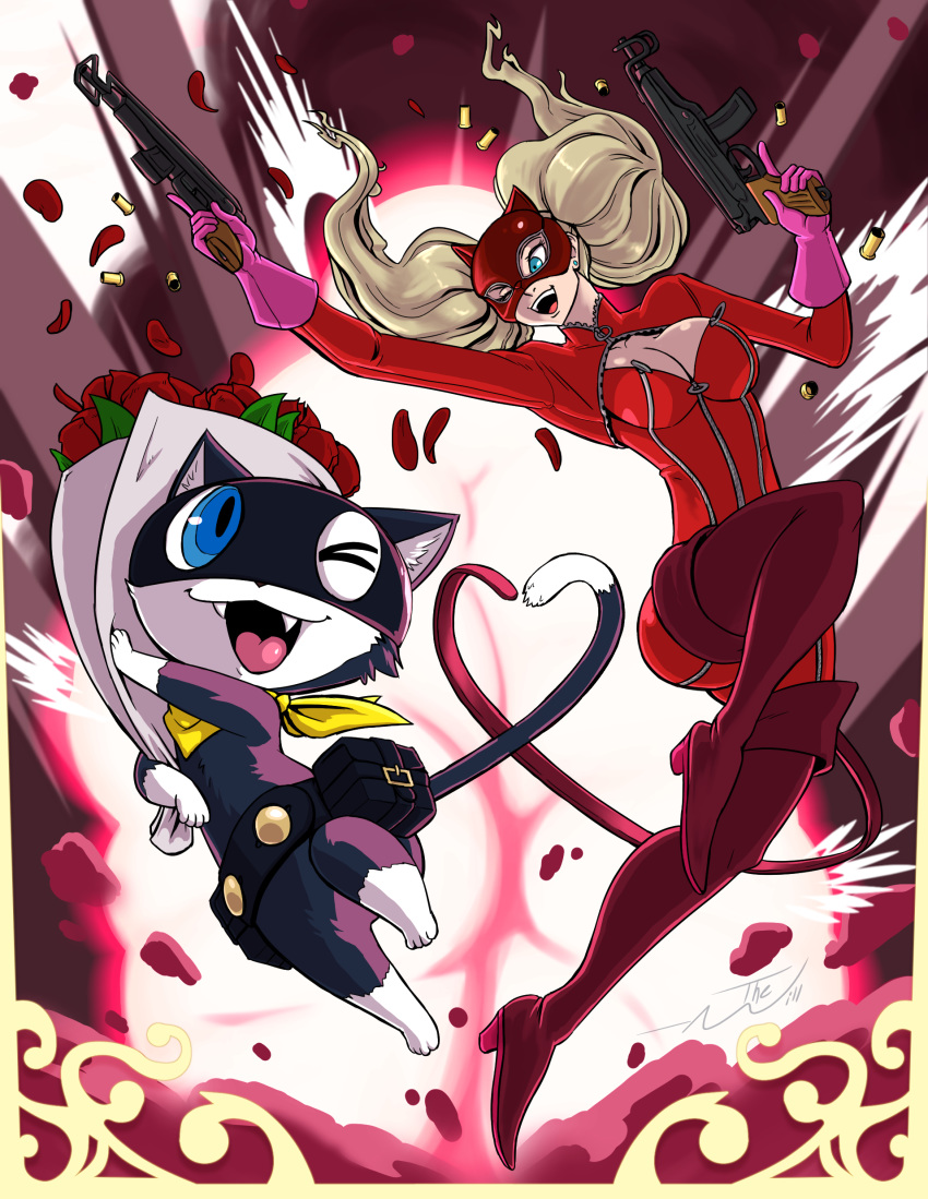 absurd_res ann_takamaki atlus boots bouquet bullet_case clothing domestic_cat duo explosion felid feline felis female flower footwear heart_symbol hi_res high_heeled_boots high_heels human legwear male mammal megami_tensei megami_tensei_persona morgana_(persona) persona_(series) persona_5 plant rose_(flower) sega suit text thewill thigh_boots thigh_highs weapon