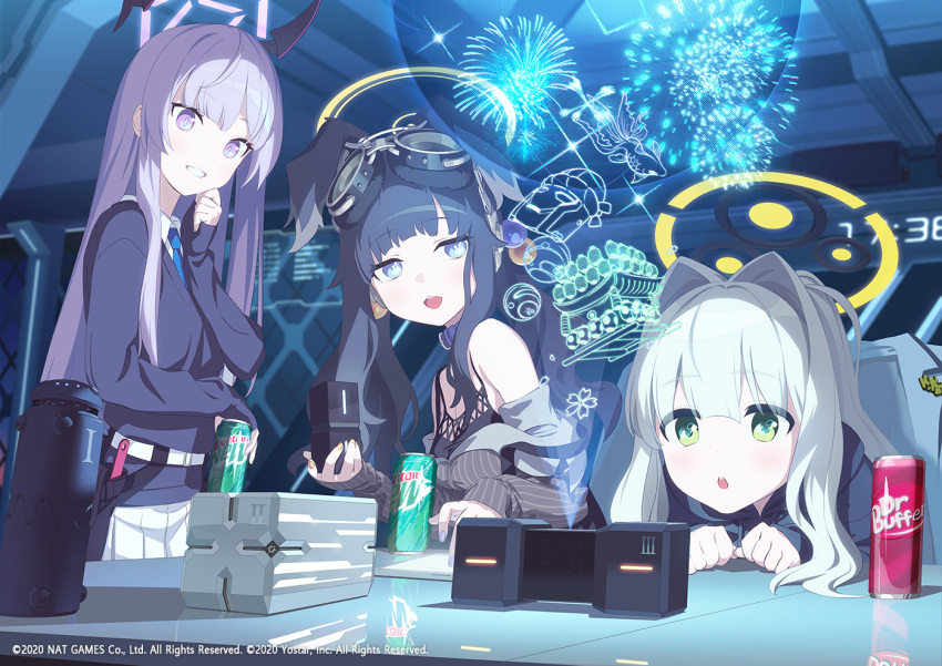 3girls animal_ears bare_shoulders black_hair blue_archive blue_eyes blush breasts can collared_shirt commentary_request dog_ears dr_pepper drink_can fireworks goggles green_eyes hair_ornament halo hare_(blue_archive) headgear hibiki_(blue_archive) hologram jacket long_hair long_sleeves looking_at_viewer medium_breasts mimitoke mountain_dew multiple_girls necktie official_art open_mouth parted_lips purple_eyes shirt sleeveless sleeves_past_wrists smile soda_can utaha_(blue_archive) very_long_hair white_hair white_shirt yellow_halo