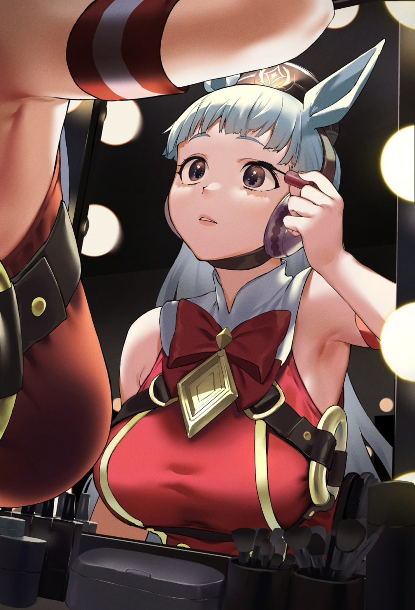 animal_ears applying_makeup arm_at_side arm_strap armpits bare_shoulders black_eyes blunt_bangs bow bowtie breasts brown_headwear commentary_request cosmetics dress dutch_angle ear_covers female gold_ship_(umamusume) grey_hair hand_up highres holding horse_ears horse_girl indoors kitou_sakeru large_breasts light_blush long_hair looking_at_mirror makeup_brush mascara_wand mirror o-ring parted_lips pillbox_hat red_bow red_bowtie red_dress reflection sleeveless sleeveless_dress solo umamusume upper_body