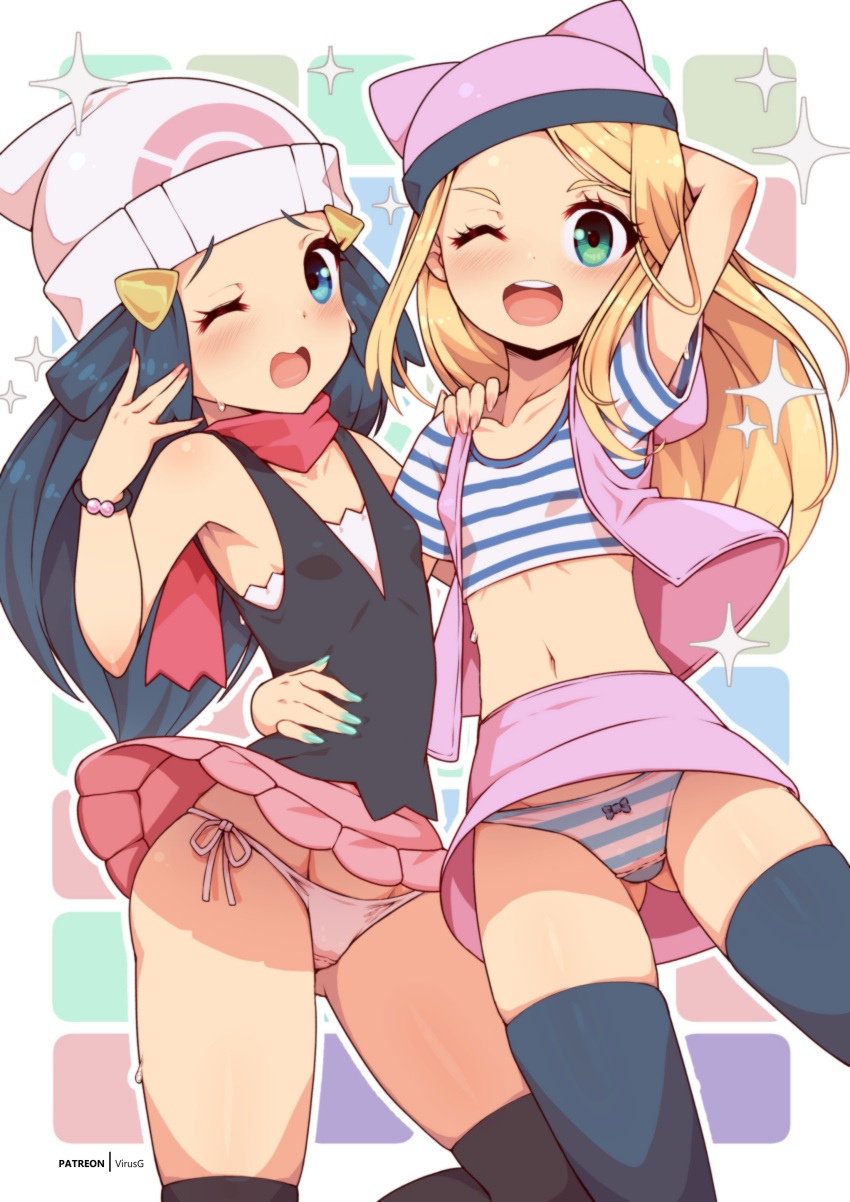 2girls ;d ;o absurdres aqua_nails arm_around_waist arm_behind_head arm_up artist_name ass_visible_through_thighs beanie blonde_hair blue_eyes blue_hair blue_thighhighs blush collarbone commentary crop_top crossover dawn_(pokemon) digimon digimon_frontier english_commentary green_eyes hand_on_another's_shoulder hand_up hat highres long_hair looking_at_viewer lowleg lowleg_panties midriff miniskirt multiple_girls nail_polish navel one_eye_closed open_mouth orimoto_izumi panties patreon_username pink_headwear pink_panties pink_skirt pink_vest pokemon pokemon_dppt shirt side-tie_panties skirt sleeveless smile sparkle string_panties striped_clothes striped_panties striped_shirt sweat teeth thighhighs underwear upper_teeth_only upskirt vest virus-g white_headwear white_panties