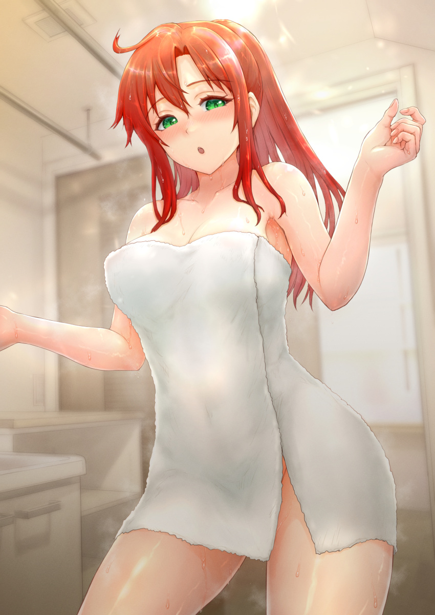 :o absurdres bathroom blurry blurry_background blush breasts cleavage commentary_request female green_eyes hair_between_eyes hands_up highres long_hair medium_breasts naked_towel open_mouth original ponytail red_hair sasagawa_(haikaiki) solo standing towel wet white_towel