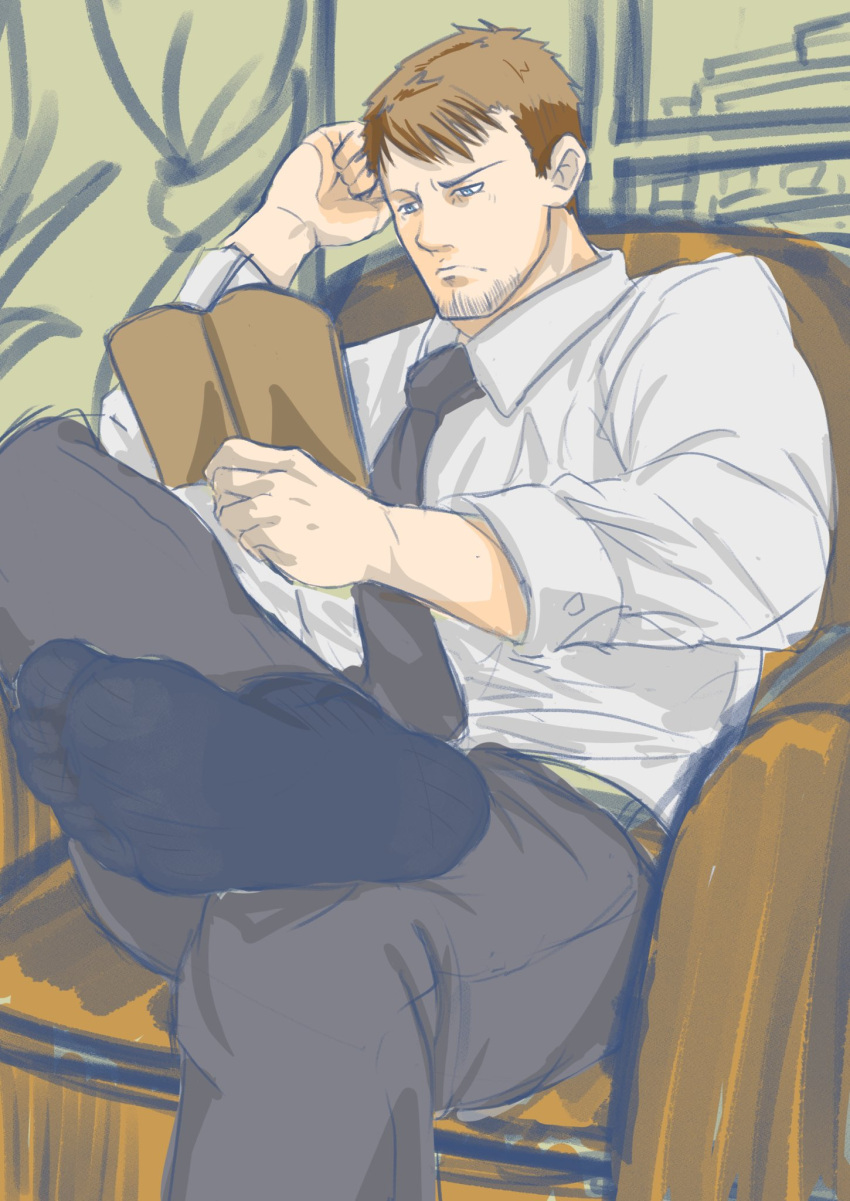 1boy black_socks brown_hair collared_shirt facial_hair feet foot_focus goatee_stubble highres hotel_dusk kyle_hyde male_focus mature_male necktie otoko_asizuki shirt sitting socks solo stubble white_shirt