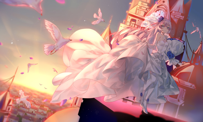 animal bird bronya_zaychik building city dress ginklaga gray_hair honkai_impact long_hair sky sunset wedding_attire