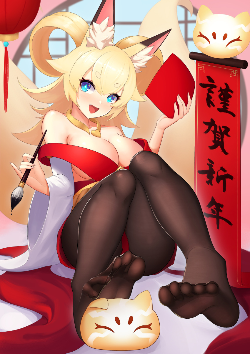 +_+ abeen_jhong absurdres animal_ear_fluff animal_ears bare_shoulders black_legwear breasts cleavage feet female fox_ears fox_girl fox_tail hair_rings happy highres hikimayu holly inaho_(world_flipper) kitsune large_breasts long_hair multiple_tails no_shoes pantyhose rope shimenawa soles spread_toes tail thighhighs tied_hair toes two_tails world_flipper