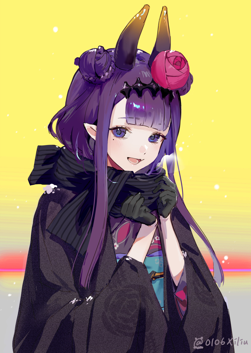 absurdres black_gloves black_scarf blunt_bangs braid braided_bun breath commentary double_bun female film_grain flower gloves gradient_hair hair_bun hair_flower hair_ornament hand_up headpiece highres hololive hololive_english horns japanese_clothes kimono long_hair looking_at_viewer mole mole_under_eye multicolored_hair ninomae_ina'nis ninomae_ina'nis_(new_year) obi official_alternate_hairstyle open_mouth orange_hair pointy_ears purple_eyes purple_hair sash scarf sidelocks smile solo tentacle_hair twitter_username upper_body virtual_youtuber xi_liu