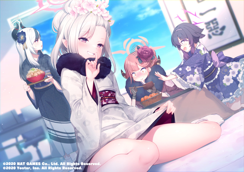 4girls aru_(blue_archive) aru_(new_year)_(blue_archive) bare_legs black_hair black_kimono blue_archive blush chopsticks eating finger_to_mouth floral_print flower food fruit fujisaki_hikari grin hair_flower hair_ornament halo haruka_(blue_archive) haruka_(new_year)_(blue_archive) highres holding holding_chopsticks horns japanese_clothes kayoko_(blue_archive) kayoko_(new_year)_(blue_archive) kimono kotatsu lifting_own_clothes long_hair looking_at_another looking_at_viewer mandarin_orange mochi mochi_trail multicolored_hair multiple_girls mutsuki_(blue_archive) mutsuki_(new_year)_(blue_archive) new_year obi official_alternate_costume official_art open_mouth pink_hair print_kimono problem_solver_68_(blue_archive) purple_eyes purple_hair sash side_ponytail sitting smile socks streaked_hair sweatdrop table white_hair white_kimono wide_sleeves