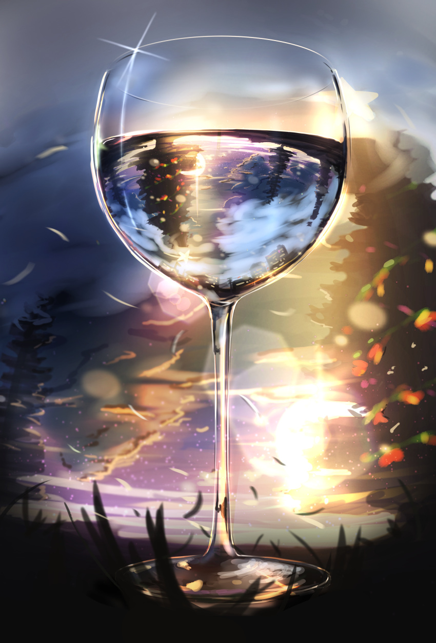 absurdres bad_id bad_pixiv_id blurry bokeh canizzz chinese_commentary christmas_tree cloud cup depth_of_field double_exposure drinking_glass highres leaf no_humans original outdoors scenery shadow sky sparkle sunset