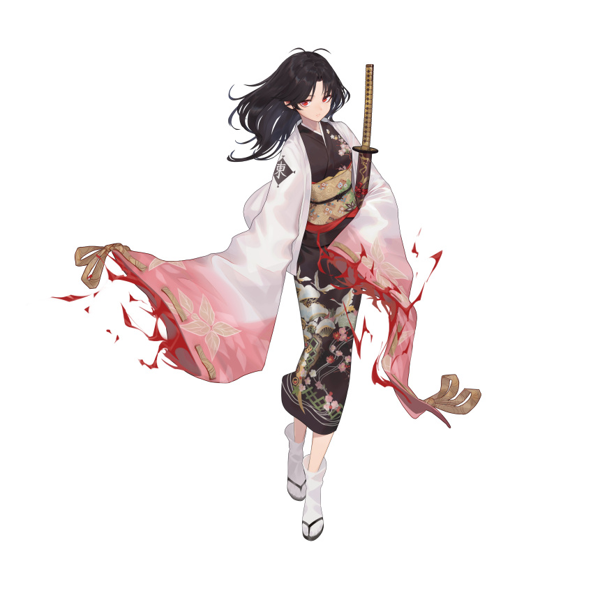 absurdres artist_request black_hair closed_mouth female full_body highres holding holding_sword holding_weapon illusion_connect japanese_clothes katana kimono long_hair long_sleeves looking_at_viewer maki_(illusion_connect) obi official_art red_eyes sandals sash simple_background sleeves_past_fingers sleeves_past_wrists solo sword tabi third-party_source transparent_background weapon wide_sleeves