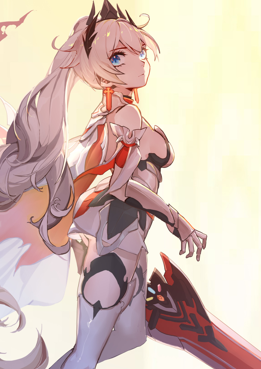 absurdres antenna_hair bare_shoulders blue_eyes breasts closed_mouth earrings female gloves hair_between_eyes hair_ornament highres holding holding_sword holding_weapon honkai_(series) honkai_impact_3rd jewelry kiana_kaslana kiana_kaslana_(herrscher_of_flamescion) long_hair looking_at_viewer ponytail sao7 sideboob solo sword thighhighs weapon white_hair