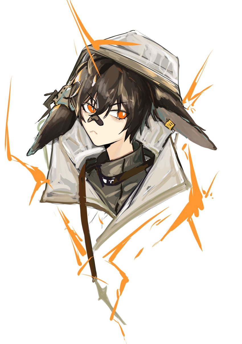 1boy :< absurdres animal_ears arknights ayerscarpe_(arknights) bandaid bandaid_on_face bandaid_on_nose brown_hair brown_shirt chinese_commentary commentary cropped_torso ear_piercing electricity glaring highres hood hood_up hooded_jacket jacket looking_at_viewer male_focus orange_eyes piercing portrait rabbit_ears shirt shisi_(qh19984) short_hair simple_background solo white_background