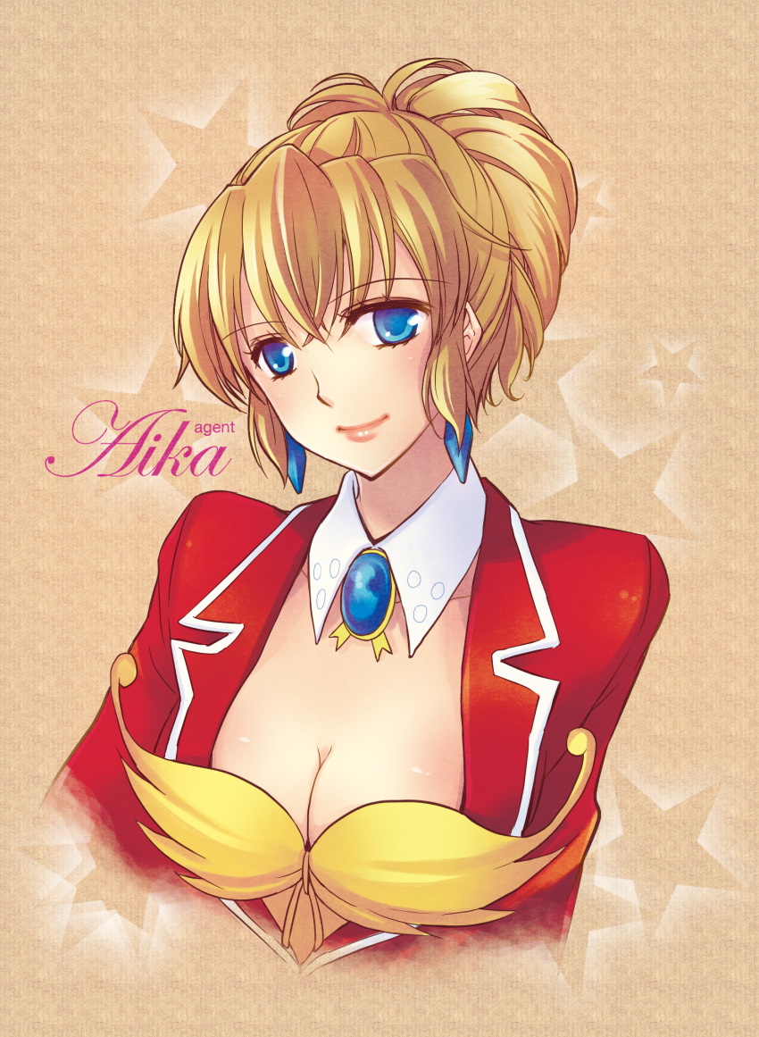 agent_aika aika_(series) azami_yuuko blonde_hair blue_brooch blue_eyes blush body_blush breasts brooch bustier cleavage closed_mouth collar collarbone commentary_request copyright_name detached_collar earrings female folded_ponytail hair_between_eyes highres jacket jewelry long_hair looking_at_viewer medium_breasts photoshop_(medium) red_jacket smile solo star_(symbol) sumeragi_aika upper_body white_collar yellow_bustier