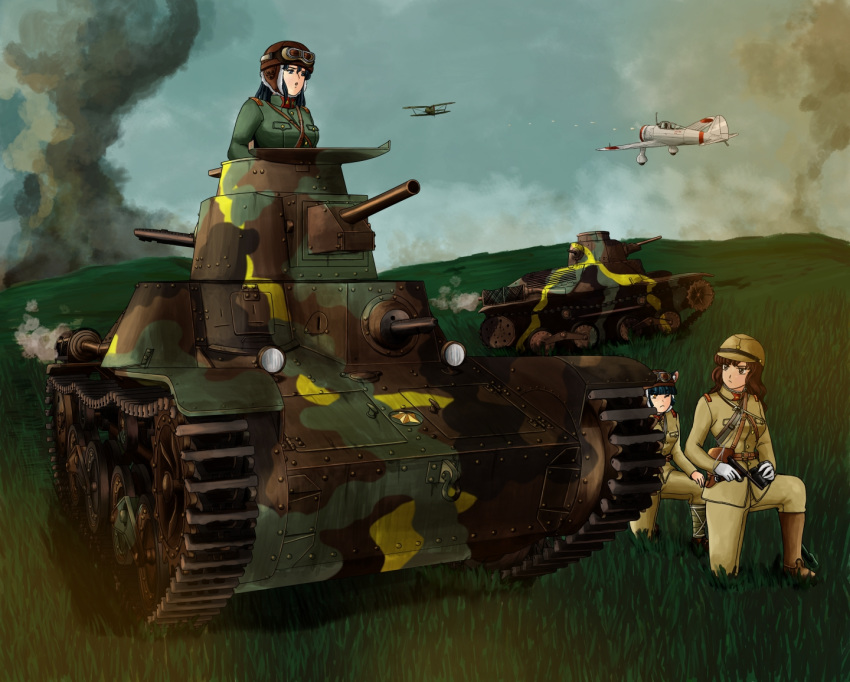 3girls aircraft black_eyes black_hair breasts brown_eyes brown_hair caterpillar_tracks cloud commentary_request day grass gun handgun imperial_japanese_army long_hair military military_vehicle motor_vehicle multiple_girls original sachimirai sky tank type_95_ha-gou weapon