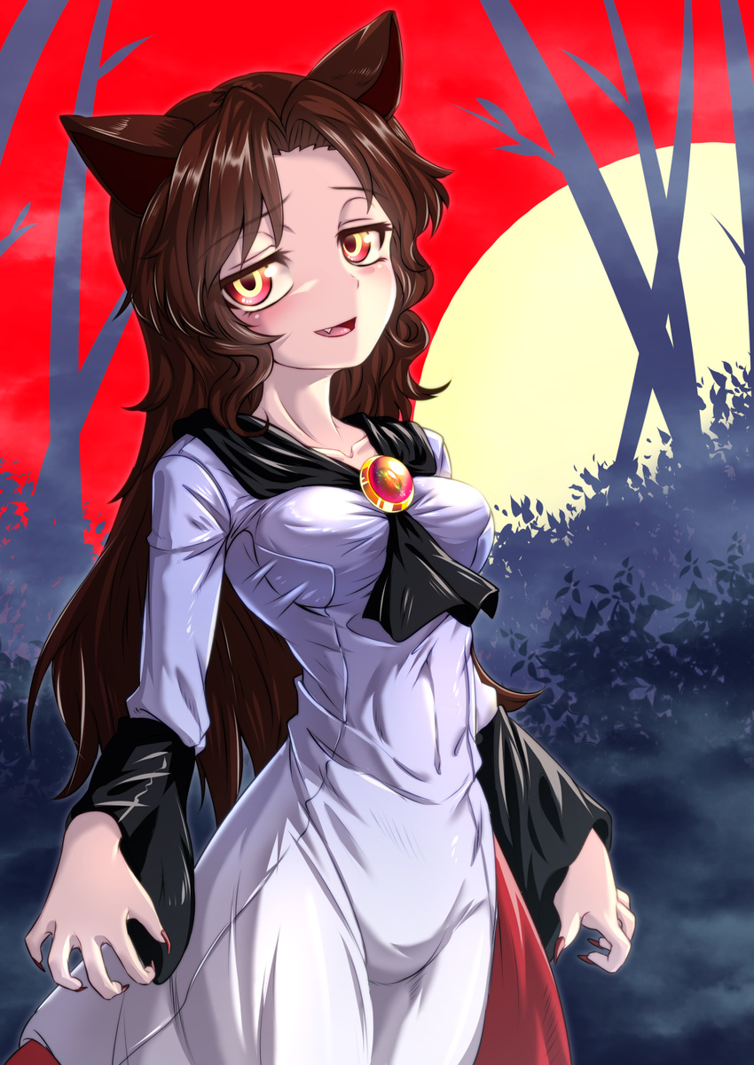 animal_ears asymmetrical_clothes blouse breasts brooch brown_hair collarbone commentary_request covered_navel female fingernails full_moon groin highres imaizumi_kagerou jewelry layered_sleeves long_fingernails long_hair long_sleeves medium_breasts moon nail_polish nomayo oerba_yun_fang open_mouth red_eyes red_nails red_skirt shirt short_over_long_sleeves short_sleeves skirt solo taut_clothes touhou very_long_hair wavy_hair white_shirt wolf_ears