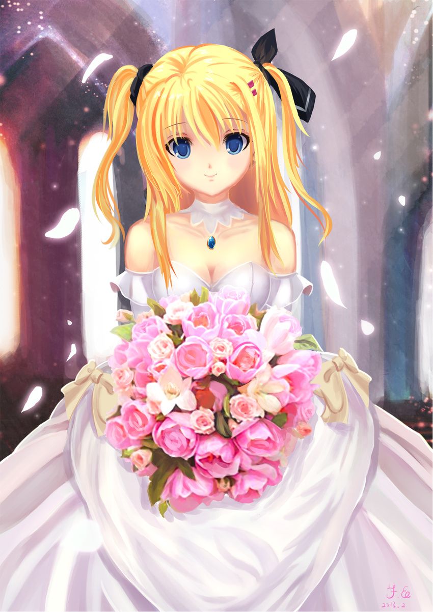 bad_id bad_pixiv_id bare_shoulders blonde_hair blue_eyes bouquet breasts choker cleavage da_capo da_capo_iii dress female flower highres ldfe_mk2 long_hair looking_at_viewer medium_breasts morizono_rikka photoshop_(medium) smile solo twintails wedding_dress