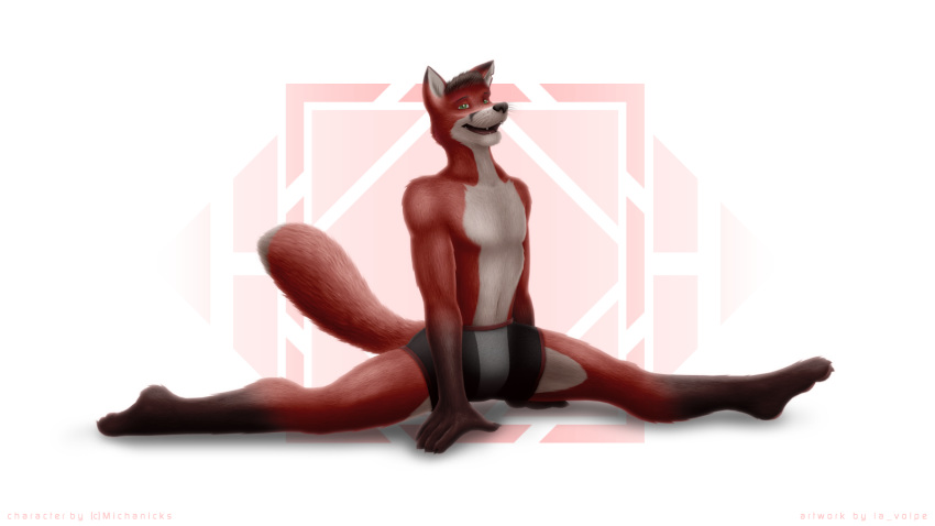 16:9 anthro black_hair black_nose canid canine claws clothed clothing dan_scarlet flexibility flexible fox fur hair hi_res looking_at_viewer male mammal michanicks_(fursona) portrait red_body red_fur russian smile solo splits spread_legs spreading toe_claws topless underwear widescreen