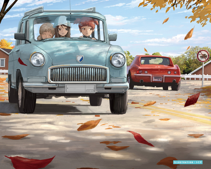 3girls aki_(girls_und_panzer) autumn_leaves blue_hat brown_eyes brown_hair car chevrolet chevrolet_corvette chevrolet_corvette_c3 closed_eyes gaz-21_volga girls_und_panzer hat highres light_brown_hair long_hair low_twintails mika_(girls_und_panzer) mikko_(girls_und_panzer) motor_vehicle multiple_girls outdoors red_hair short_hair short_twintails tomiya_(tomiya2117) tulip_hat twintails vehicle_focus