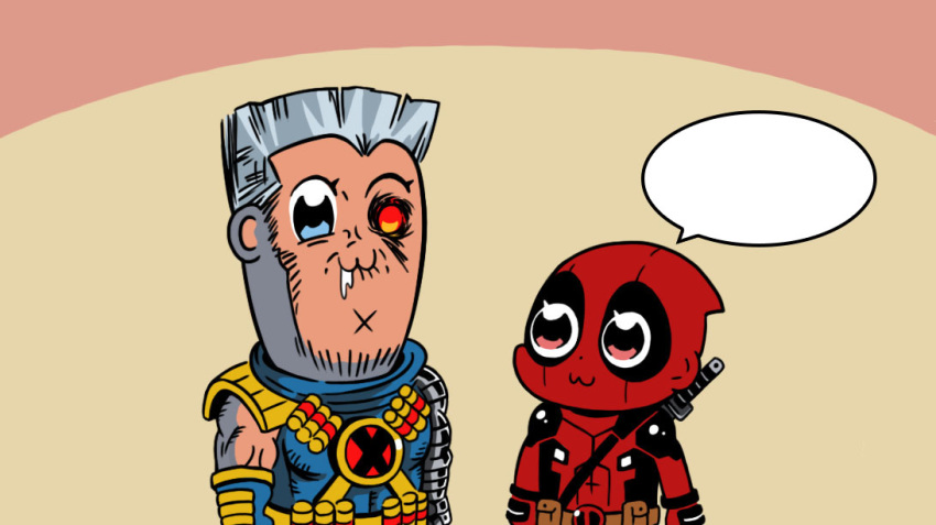 2boys :3 animification bkub_(style) blank_speech_bubble cable_(marvel) chinese_commentary commentary_request deadpool deadpool_(series) deadpool_2 ei_ei_okotta? hungyu marvel multiple_boys parody photoshop_(medium) poptepipic saliva speech_bubble style_parody x-men