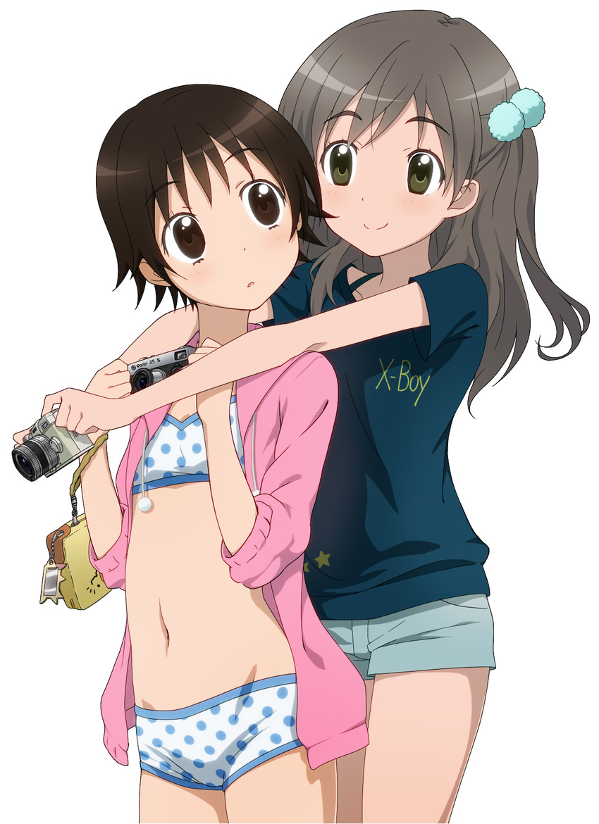 2girls :o bikini black_eyes black_hair blush camera commentary_request green_eyes grey_hair highres hug hug_from_behind long_hair looking_back midiman mitani_kanae multiple_girls navel polka_dot polka_dot_bikini polka_dot_swimsuit sawatari_fuu shirt short_hair shorts smile swimsuit t-shirt tamayura transparent_background