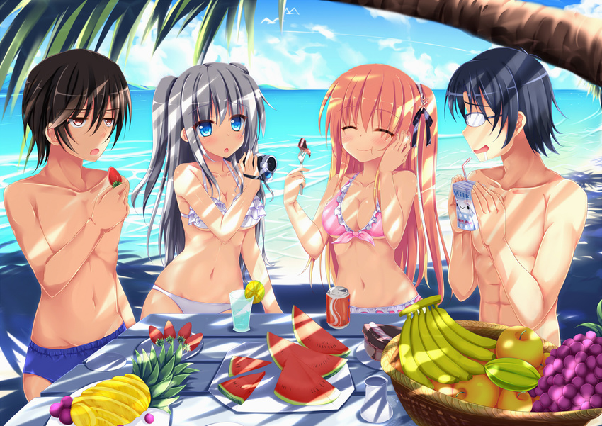 2boys 2girls :o :t ^_^ abs alternate_costume animal apple banana basket beach bikini bird black_hair black_ribbon blonde_hair blue_eyes blue_sky blush box breasts brown_hair cake cake_slice camcorder camera can charlotte_(anime) cleavage closed_eyes cloud collarbone commentary_request cup day drink_can drinking_glass drooling eating eyebrows food fork frilled_bikini frills front-tie_bikini_top front-tie_top fruit glasses grapes grey_hair hair_between_eyes hair_ribbon halterneck hand_on_own_cheek hand_on_own_face highres holding holding_camera holding_food holding_fork holding_fruit holding_watermelon lime_(fruit) lime_slice long_hair looking_at_another looking_at_viewer male_swimwear medium_breasts milk multiple_boys multiple_girls nanairo_fuusen navel nishimori_yusa ocean one_side_up opaque_glasses otosaka_yuu outdoors palm_tree pineapple pink_bikini plate police red_eyes ribbon saliva sand saucer seagull shade sky soda_can starfruit stomach strawberry summer swim_briefs swimsuit table takajou_joujirou tomori_nao topless_male tree tree_shade tropical tropical_drink two_side_up underboob video_camera watermelon white_background wooden_table