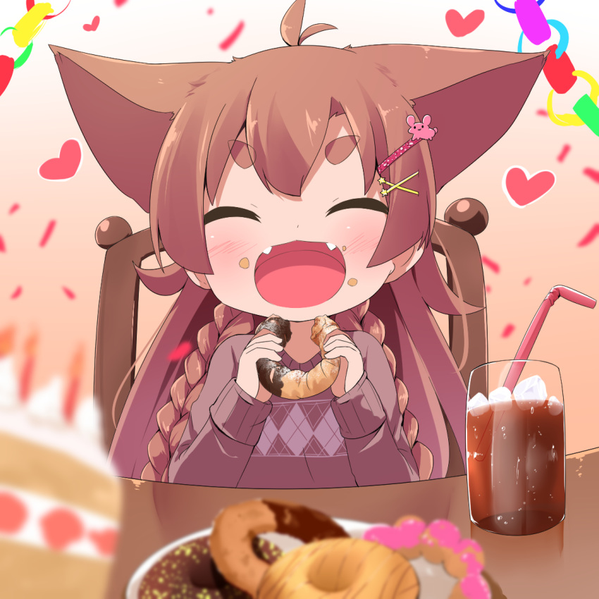 :d ^_^ animal_ears antenna_hair bendy_straw birthday_party blurry blurry_foreground blush braid brown_background brown_hair cake cake_slice chair closed_eyes commentary confetti cup depth_of_field doughnut drink drinking_glass drinking_straw facing_viewer fangs female food food_on_face gradient_background hair_between_eyes hair_ornament hairclip heart highres holding holding_food ice ice_cube long_hair makuran momiji_(makuran) on_chair open_mouth original plate short_eyebrows sitting smile solo table thick_eyebrows twin_braids very_long_hair