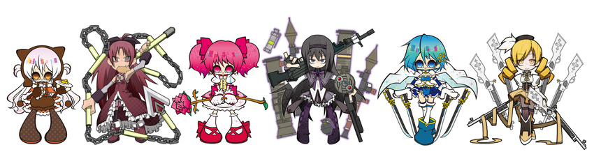 6+girls :3 absurdres akemi_homura akemi_homura_(magical_girl) animenishikihebi argyle_clothes argyle_legwear at4 bare_shoulders beret black_hair black_hairband blonde_hair blue_eyes blue_hair boots bow bow_(weapon) brown_eyes brown_legwear bubble_skirt cape capelet chain_whip chains charlotte_(madoka_magica) cheese chibi choker commentary_request corset detached_sleeves drill_hair everyone explosive flashbang flower food food_in_mouth fork fortissimo full_body gloves grenade gun hair_ornament hair_ribbon hairband hairbow hairclip hat highres holding holding_gun holding_weapon jitome kaname_madoka kaname_madoka_(magical_girl) kneehighs light_machine_gun long_hair m249 machine_gun magical_girl magical_musket mahou_shoujo_madoka_magica mahou_shoujo_madoka_magica_(anime) miki_sayaka miki_sayaka_(magical_girl) mouth_hold multiple_girls musical_note musical_note_hair_ornament oerba_yun_fang pink_eyes pink_hair plate pleated_skirt polearm ponytail puffy_short_sleeves puffy_sleeves pumpkin_pants purple_eyes red_eyes red_footwear red_hair ribbon rifle rocket_launcher rose rpg_(weapon) sakura_kyoko sakura_kyoko_(magical_girl) shield shoes short_hair short_sleeves shotgun simple_background skirt socks sparkle spear striped_clothes striped_thighhighs sword taiyaki thighhighs tomoe_mami tomoe_mami_(magical_girl) twin_drills twintails two_side_up vertical-striped_clothes vertical-striped_thighhighs wagashi weapon white_background white_gloves white_legwear yellow_eyes yellow_ribbon