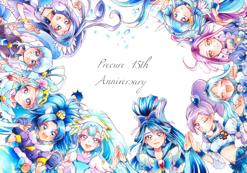 6+girls animal_ears anniversary aoki_reika aono_miki blue_bow blue_eyes blue_gloves blue_hair blue_necktie blue_wrist_cuffs blunt_bangs bow brooch butterfly_brooch butterfly_hair_ornament choker circle_formation closed_eyes color_connection commentary_request crown cure_ange cure_aqua cure_beat cure_beauty cure_berry cure_diamond cure_gelato cure_marine cure_mermaid cure_princess dokidoki!_precure everyone fresh_precure! gloves go!_princess_precure gold_crown grin hair_color_connection hair_ornament hairband happinesscharge_precure! happy heart heart_brooch heart_hair_ornament heartcatch_precure! high_ponytail highres hishikawa_rikka holding_hands hugtto!_precure in-franchise_crossover jewelry kaidou_minami kirakira_precure_a_la_mode kurokawa_eren kurumi_erika lion_ears long_hair looking_at_viewer magical_girl midriff mikan_(mikataaaa) minazuki_karen mini_crown multiple_girls navel necktie one_eye_closed open_mouth parted_bangs pointed_crown ponytail precure purple_eyes purple_hair seiren_(suite_precure) shirayuki_hime side_ponytail sidelocks smile smile_precure suite_precure tategami_aoi twintails white_background wrist_cuffs yakushiji_saaya yellow_eyes yes!_precure_5