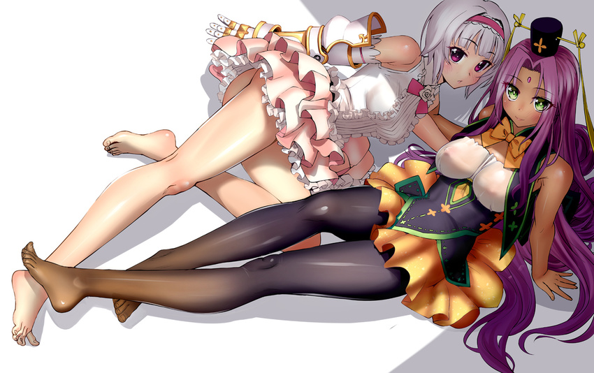 2girls arm_support ass barefoot black_legwear breasts commentary_request dress facial_mark feet flower_knight_girl forehead_mark green_eyes hair_intakes hairband hat kinmokusei_(flower_knight_girl) large_breasts long_hair looking_at_viewer lying medium_breasts multiple_girls no_shoes on_back pantyhose photoshop_(medium) pink_eyes purple_hair royal_princess_(flower_knight_girl) sasayuki see-through short_hair sleeveless toes white_hair