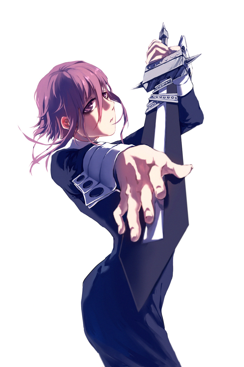 1other absurdres androgynous bad_id bad_pixiv_id coffinkun commentary_request crona_(soul_eater) dress hair_between_eyes half-closed_eyes highres looking_at_viewer photoshop_(medium) purple_eyes purple_hair short_hair sleeve_cuffs solo soul_eater sword weapon