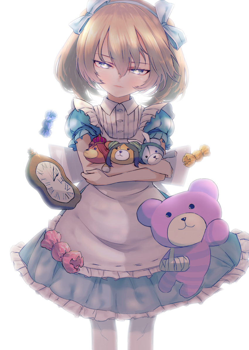 alice_(alice_in_wonderland) alice_(alice_in_wonderland)_(cosplay) alice_in_wonderland alternate_hairstyle annotated apron azumi_(girls_und_panzer) backlighting bandages blue_dress blue_ribbon bow brown_eyes candy_wrapper cast caterpillar_(alice_in_wonderland) caterpillar_(alice_in_wonderland)_(cosplay) closed_mouth commentary cosplay cowboy_shot dress female girls_und_panzer hair_ribbon hairband half-closed_eyes highres holding large_bow light_brown_hair light_frown looking_at_viewer megumi_(girls_und_panzer) mityubi pocket_watch puffy_short_sleeves puffy_sleeves ribbon rumi_(girls_und_panzer) shimada_arisu short_sleeves simple_background solo standing stuffed_animal stuffed_toy teddy_bear watch white_apron white_background white_rabbit_(alice_in_wonderland) white_rabbit_(alice_in_wonderland)_(cosplay)