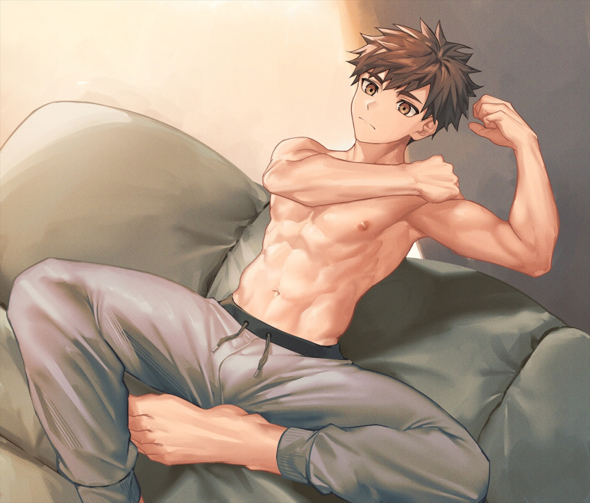 1boy arm_up barefoot brown_eyes brown_hair bulge clenched_hand commentary_request couch crotch_seam drawstring dutch_angle feet grey_pants hand_on_own_shoulder hand_up highres indoors light_frown linea_alba looking_at_viewer male_focus navel nayoshi_(r-744) nipples on_couch original paid_reward_available pants pectorals short_hair sitting solo spiked_hair spread_legs stretching sweatpants taut_clothes taut_pants toned toned_male topless_male variant_set