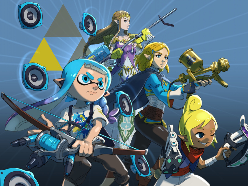 2023 aerospray animal_humanoid blonde_hair bow_(weapon) breath_of_the_wild brown_body brown_skin cephalopod cephalopod_humanoid clothing crossover e-liter_4k elf group hair hi_res humanoid humanoid_pointy_ears hylian inkling inkling_girl killer_wail_5.1 light_body light_skin long_hair marine marine_humanoid mollusk mollusk_humanoid nintendo pirate_leader_tetra princess_zelda pseudo_hair ranged_weapon simple_background speaker splatfest splatfest_tee splatoon square_crossover stupjam tentacle tentacle_hair tetra_dualies the_legend_of_zelda triforce tristringer twilight_princess weapon wind_waker