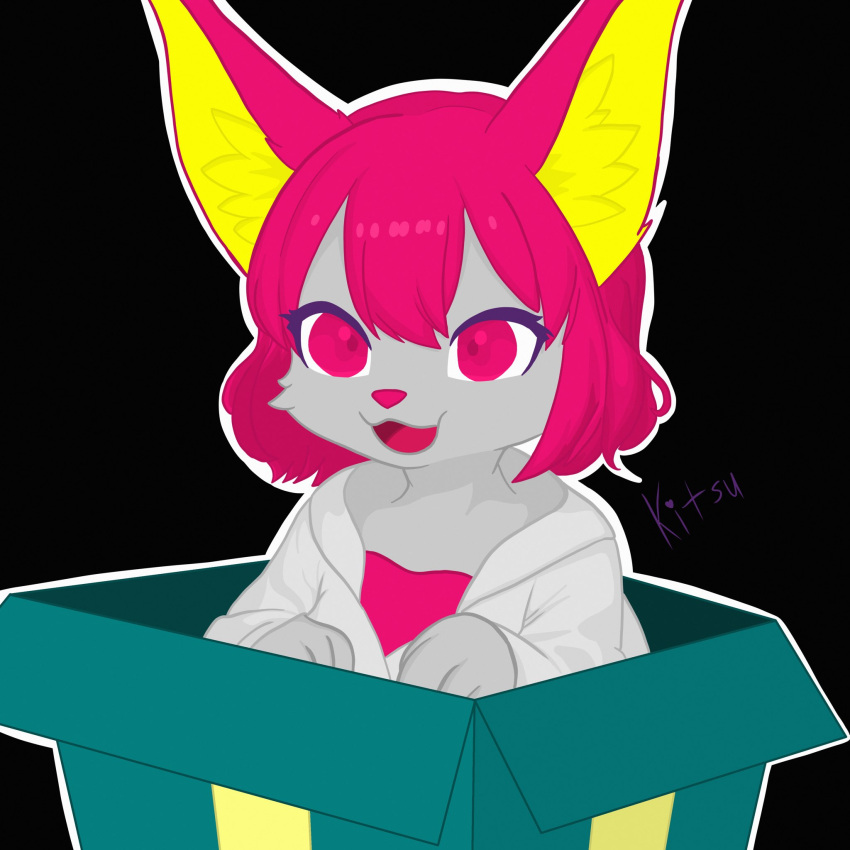 1:1 anthro box canid canine clothed clothing container female fox fur gift_box grey_body grey_clothing grey_fur grey_sweater grey_topwear gure_(thekitsuyt) hair hi_res mammal open_mouth pink_clothing pink_eyes pink_hair pink_nose pink_shirt pink_topwear shirt signature sitting sitting_in_box smile solo sweater thekitsuyt topwear yellow_ear_fluff