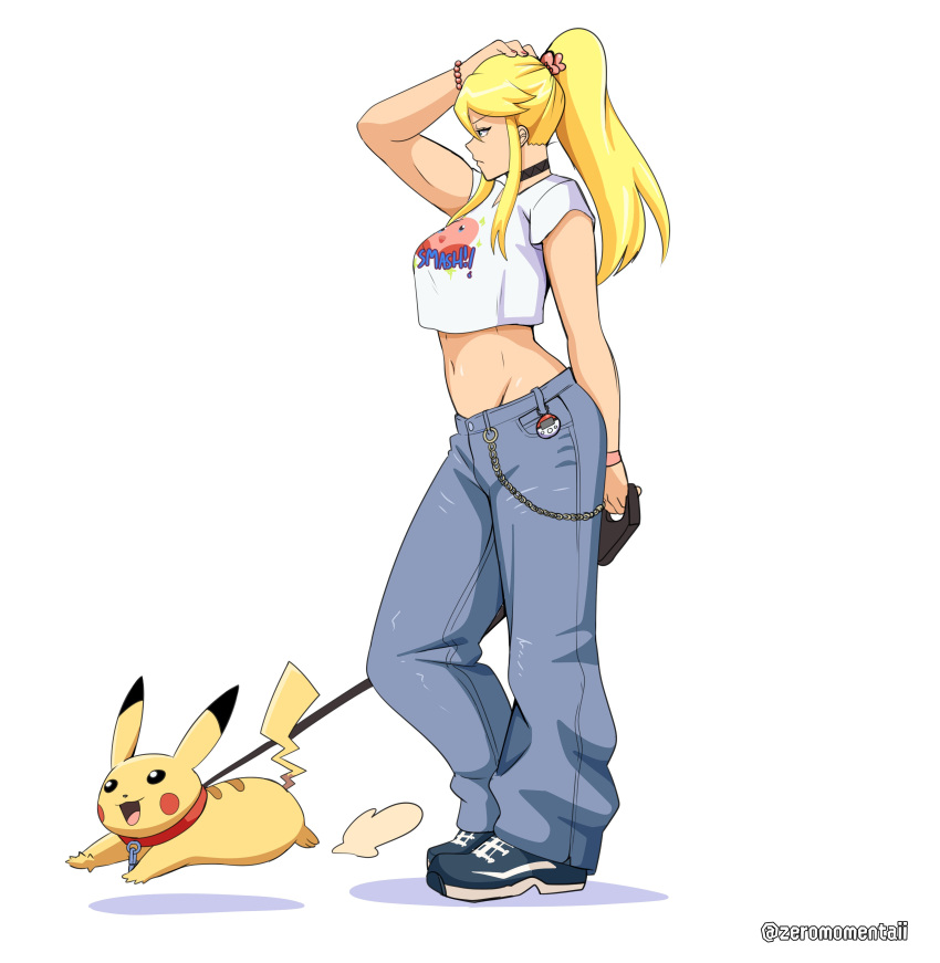 absurd_res blonde_hair breasts clothing collar crossover domestic_pet duo female female_human feral footwear fur generation_1_pokemon hair hi_res human kirby kirby_(series) kirby_print larger_female larger_human leash light_body light_skin long_hair male male_feral mammal metroid midriff nintendo open_mouth open_smile pedometer pikachu pokemon pokemon_(species) pokewalker red_collar samus_aran signature simple_background size_difference smaller_feral smaller_male smile super_smash_bros. yellow_body yellow_fur zeromomentai