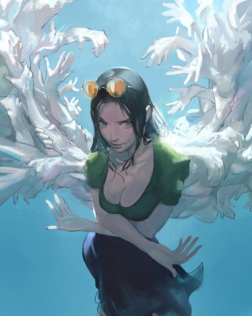 angel_wings black_hair black_skirt blue_background blue_eyes breasts cleavage closed_mouth crossed_arms eyewear_on_head female green_shirt highres kanji_(nievart) long_hair nico_robin one_piece orange-tinted_eyewear shirt sideways_glance simple_background skirt smile solo straight_hair sunglasses tinted_eyewear too_many_hands wings