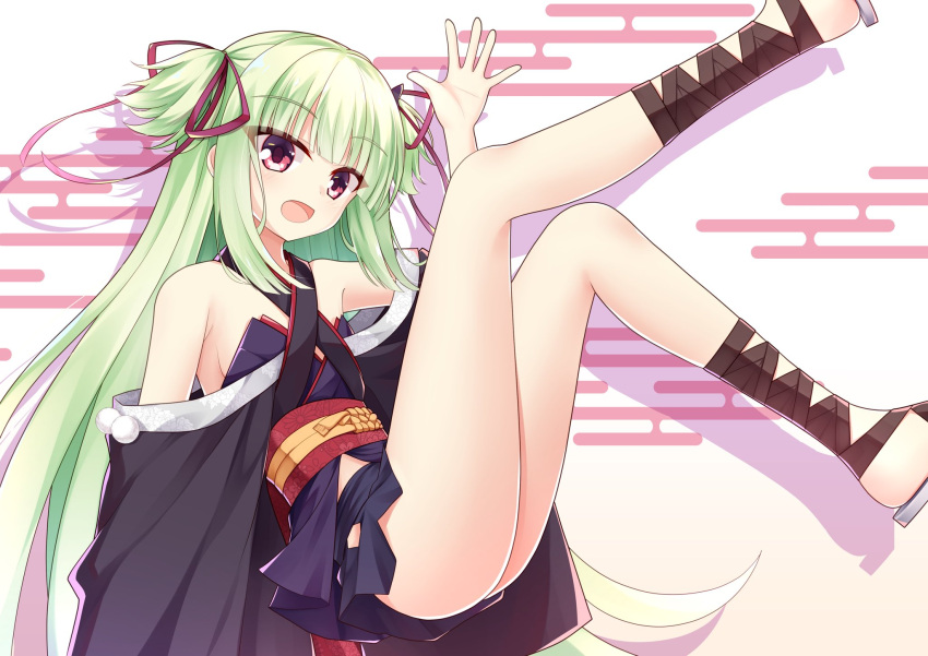 :d bare_shoulders black_kimono blunt_bangs blunt_ends blush breasts brown_footwear commentary_request criss-cross_halter drop_shadow eyes_visible_through_hair feet_out_of_frame female green_hair hair_ribbon halterneck hand_up happy highres hime_cut japanese_clothes kimono legs_up long_hair looking_at_viewer murasame_(senren) open_mouth pom_pom_(clothes) red_eyes red_ribbon red_sash ribbon sandals sash senren_banka sesen2000 short_kimono sidelocks simple_background sitting small_breasts smile solo straight_hair tsurime two_side_up very_long_hair waving white_background