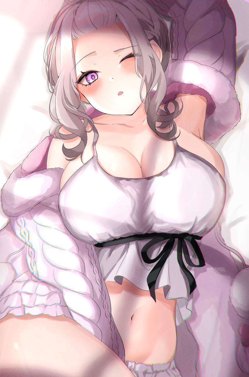 absurdres ahoge bed blanket blush breasts camisole female grey_hair hair_over_one_eye highres large_breasts long_hair looking_at_viewer mole mole_under_eye nijisanji on_bed open_mouth pajamas pillow pink_pajamas purple_eyes sleepwear sleepy solo sukoya_kana sukoya_kana_(6th_costume) virtual_youtuber yunon_oto_mad