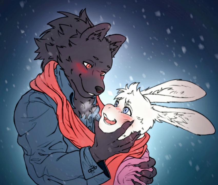 anthro black_body black_fur blue_eyes blush canid canine canis clothing duo fur grabbing_face hi_res i_think_i_like_you imminent_kiss kamiwoolfe lagomorph leon_(i_think_i_like_you) leporid male male/male mammal pink_clothing pink_shirt pink_topwear rabbit red_eyes red_scarf romantic romantic_ambiance romantic_couple scarf shirt sky_(i_think_i_like_you) topwear white_body white_fur wolf