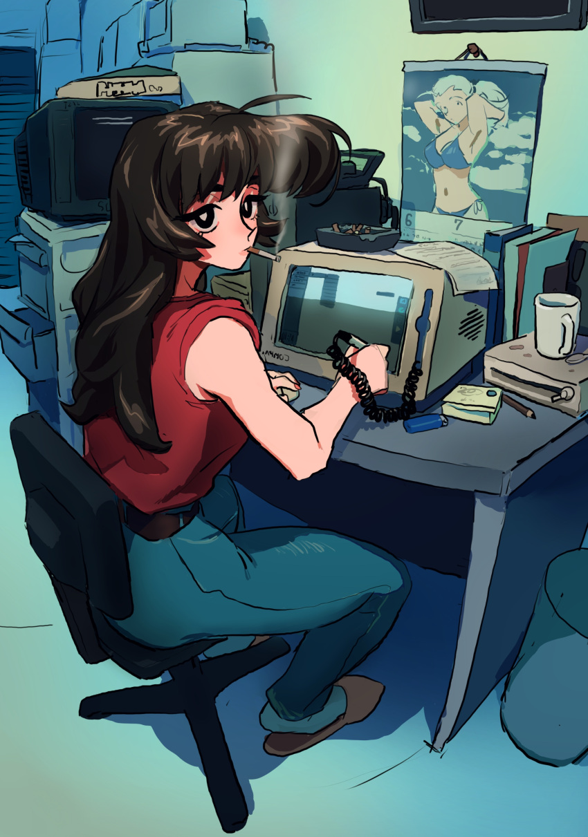 absurdres aheahead amane_natsuko ashtray black_eyes black_hair blue_pants cabinet calendar_(object) chair cigarette crt cup denim female full_body highres holding holding_stylus indie_virtual_youtuber indoors lighter long_hair looking_to_the_side mug office_chair pants pencil poster_(object) red_shirt shirt sitting sleeveless sleeveless_shirt slippers smoke smoking socks solo stylus swivel_chair table trash_can white_socks