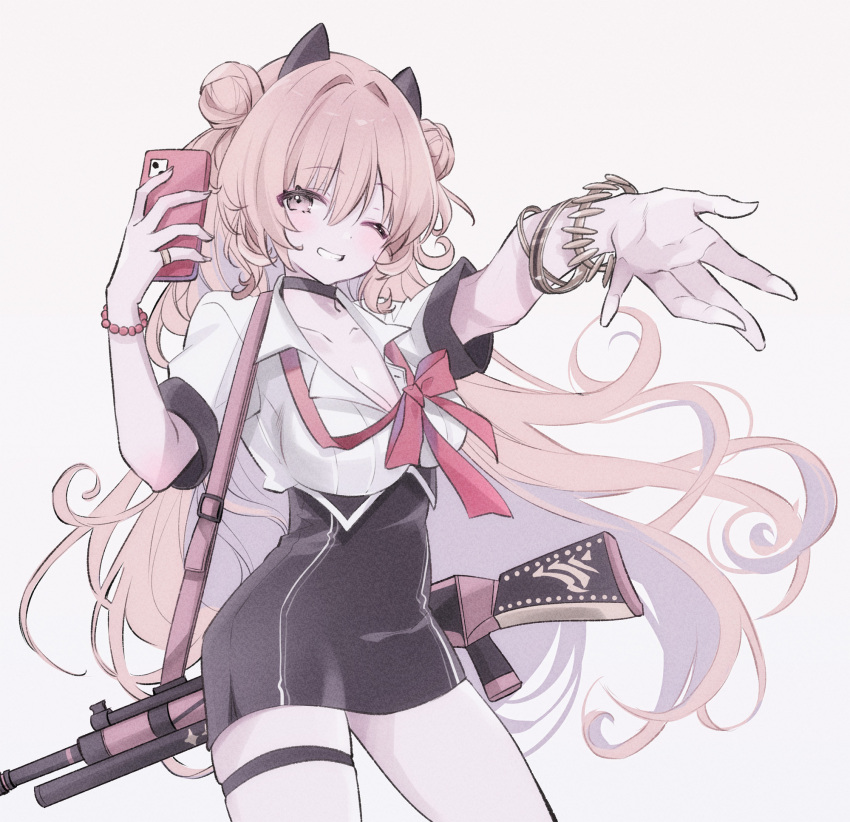 assault_rifle black_choker black_skirt blue_archive blush breasts cellphone choker cleavage collarbone collared_shirt cowboy_shot double_bun fake_horns female grin gun h&k_hk33 hair_bun highres holding holding_phone horns kirara_(blue_archive) kurun_(kurun777) large_breasts long_hair looking_at_viewer one_eye_closed phone pink_eyes pink_hair rifle shirt short_sleeves simple_background skirt smartphone smile solo thigh_strap weapon white_background white_shirt